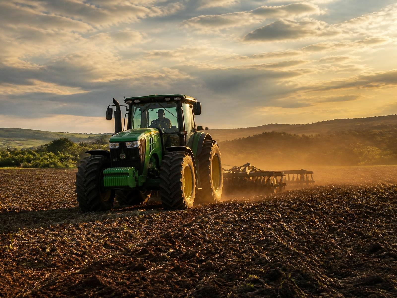 Trator agrícola trabalhando em lavoura ao final da tarde